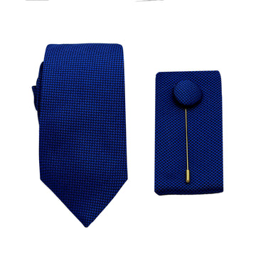 James Adelin Luxury Textured Weave 6.5cm Width Tie/Pocket Square/Lapel Pin Combo Set in Royal Blue