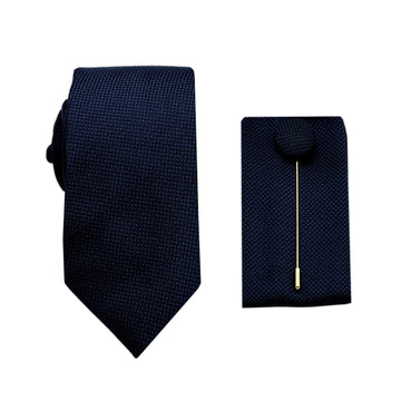 James Adelin Luxury Textured Weave 6.5cm Width Tie/Pocket Square/Lapel Pin Combo Set in Midnight  Blue