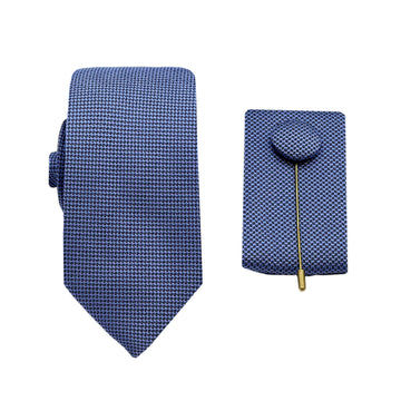 James Adelin Luxury Textured Weave 6.5cm Width Tie/Pocket Square/Lapel Pin Combo Set in Steel Blue