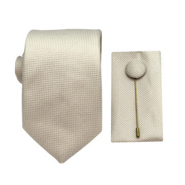 James Adelin Luxury Textured Weave 7.5cm Width Tie/Pocket Square/Lapel Pin Combo Set in Cream