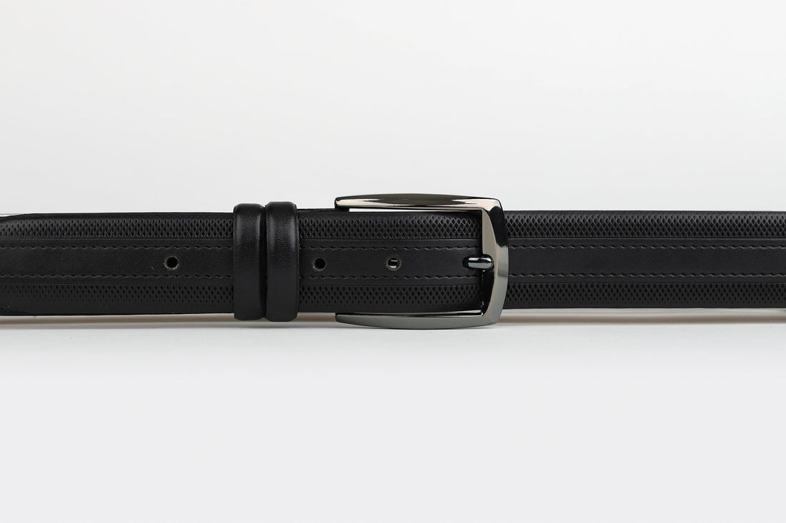 James Adelin Mens Leather Belt Black Subtle Stripe Grid Edge