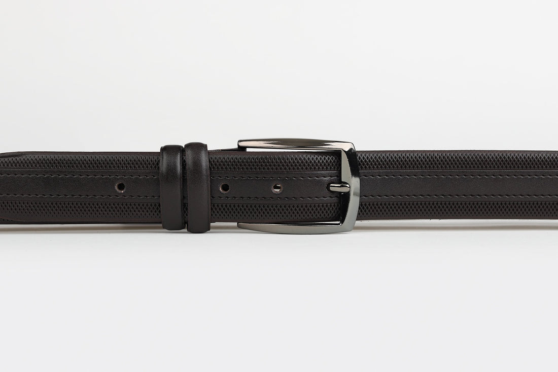 James Adelin Mens Leather Belt Brown Subtle Stripe Grid Edge