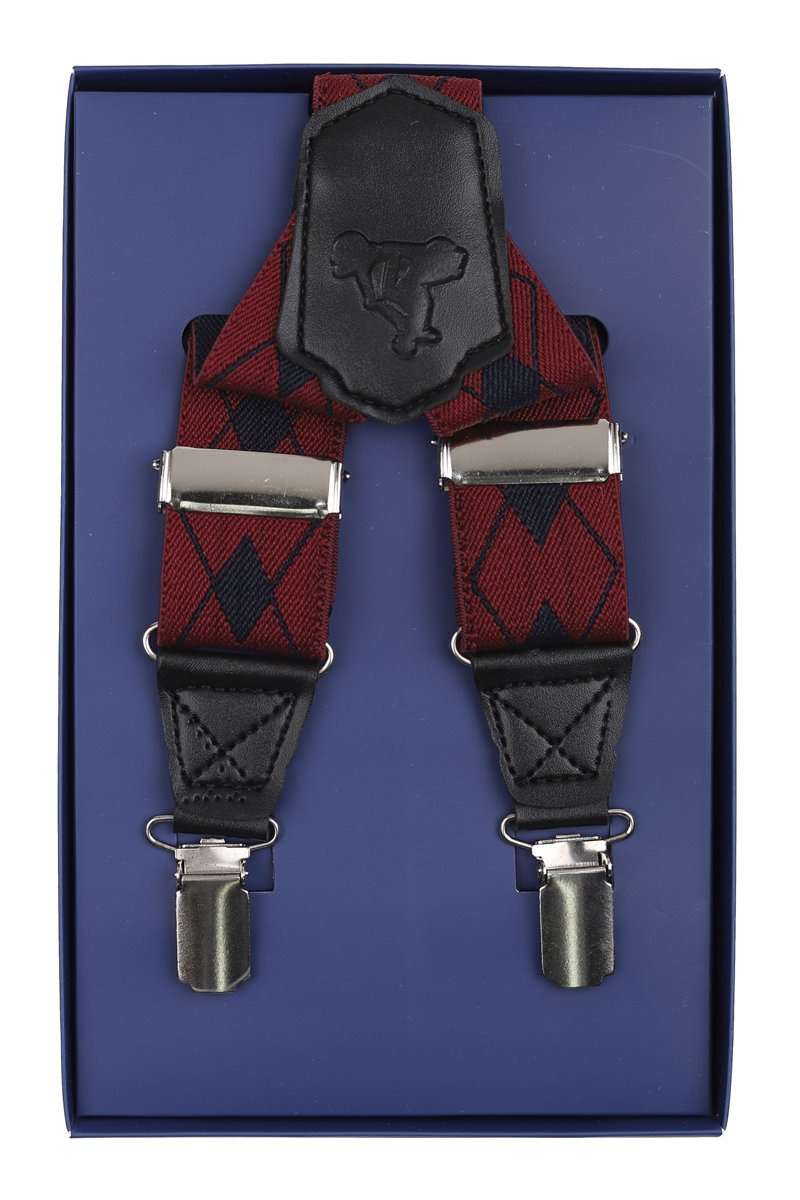 James Adelin Mens Suspenders in Burgundy and Navy Vintage Check