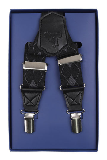 James Adelin Mens Suspenders in Black and Charcoal Check
