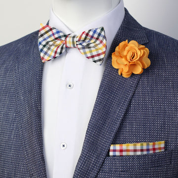 James Adelin Pocket Square, Flower and Bow Tie Combo in Multicolour Mini Check