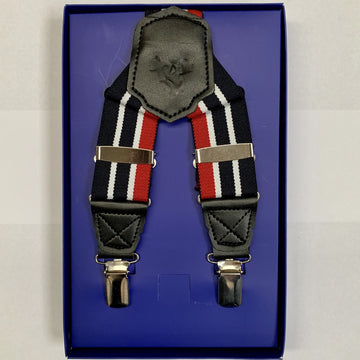 James Adelin Mens Suspenders in Navy, Red and White Stripe.