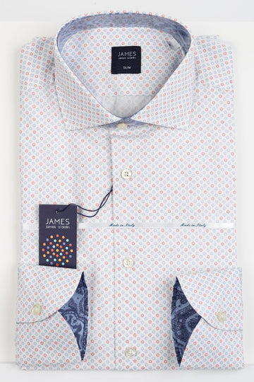 James Adelin Mens Long Sleeve Italian Shirt in White, Red and Blue Geometric Shirt