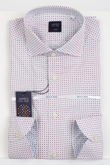 James Adelin Mens Long Sleeve Italian Shirt in White and Red Geometric