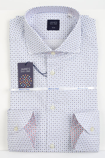 James Adelin Mens Long Sleeve Italian Shirt in White, Navy and Grey Geometric