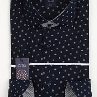 mens long sleeve navy shirt with white geometric print and contrast printed cuffs