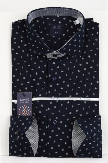 mens long sleeve navy shirt with white geometric print and contrast printed cuffs