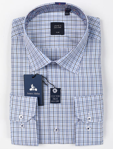 a soft blue mens long sleeve business shirt with window pane check