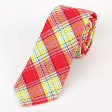 James Adelin Mens Cotton Neck Tie in Red and Gold Check