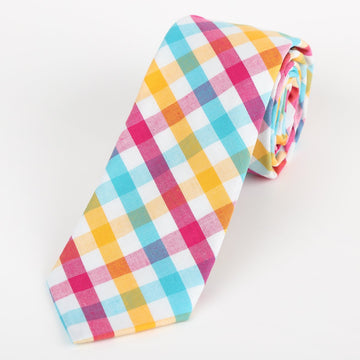 James Adelin Mens Cotton Neck Tie in Turquoise and Gold Multi Check
