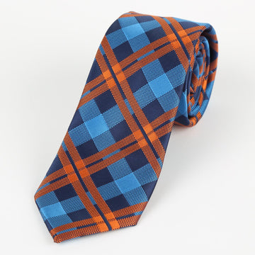 James Adelin Luxury Neck Tie in Navy, Blue and Orange Check