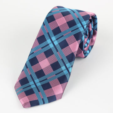 James Adelin Luxury Neck Tie in Navy, Turquoise and Pink Check
