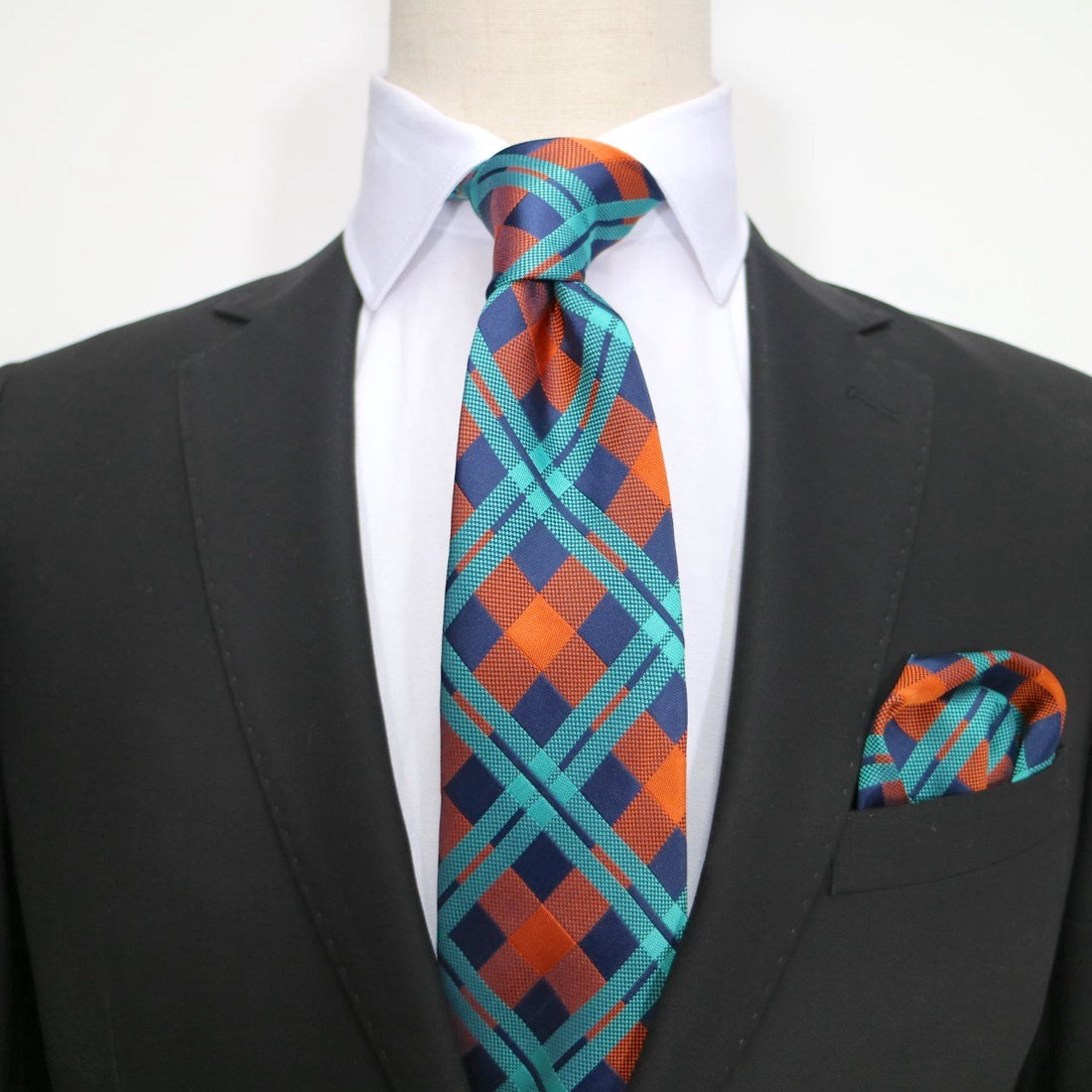 James Adelin Luxury Neck Tie in Navy, Orange and Aqua Check