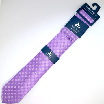 James Adelin Geometric Pocket Square and Tie Combo in Purple and Grey