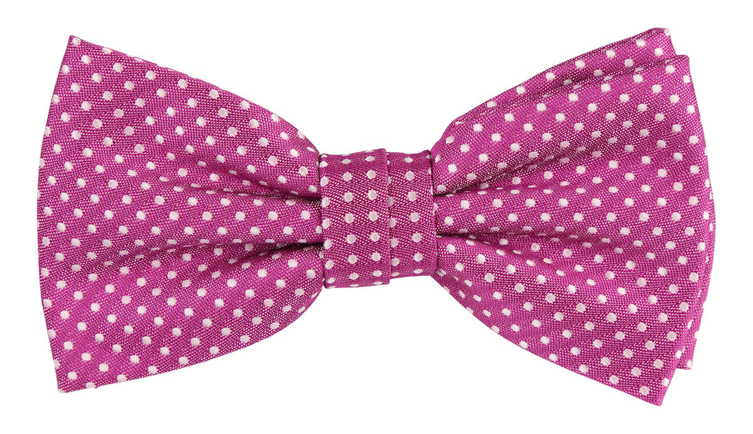 magenta pink bow tie with white spotted design woven into the microfiber