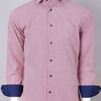 mens long sleeve shirt in a red and blue printed design with navy blue inner cuffs
