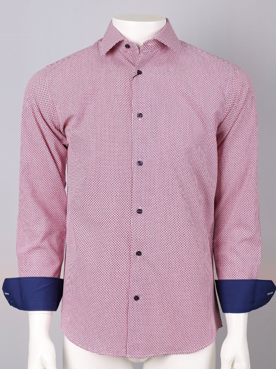 mens long sleeve shirt in a red and blue printed design with navy blue inner cuffs