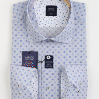 mens long sleeve business shirt in blue cotton with square geometric pattern