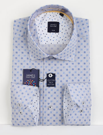 mens long sleeve business shirt in blue cotton with square geometric pattern