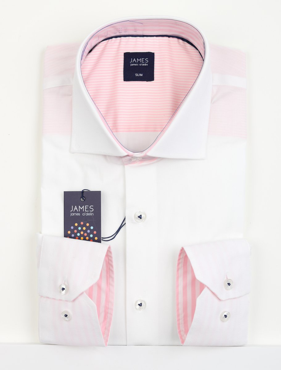 James Adelin Mens Long Sleeve Shirt in White and Pink
