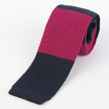James Adelin Mens Knitted Tie in Navy and Magenta Block Stripe