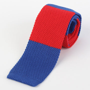 James Adelin Mens Knitted Tie in Royal and Red Block Stripe