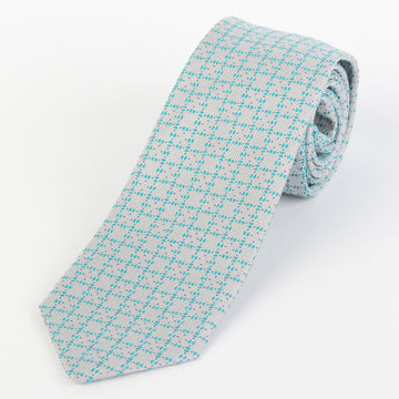JACQUES MONCLEEF Mens Italian Textured Check Silk Neck Tie in Silver and Turquoise