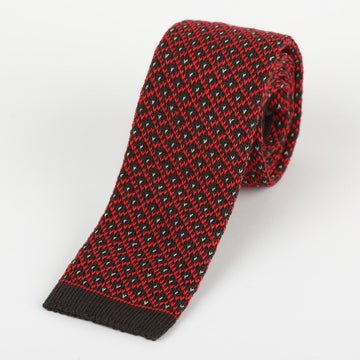 James Adelin Mens Knitted Tie in Brown and Red Spotted Check