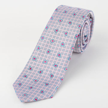 James Adelin Mens Silk Neck Tie in Silver and Pink Floral Check