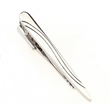 mens silver tie clip with a wave line printed through it 