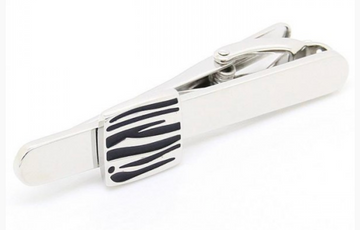 mens silver tie clip with black and white stripe design