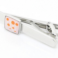 a silver mens tie clip with pink and orange stripe and spot design