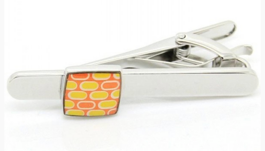 james adelin mens tie clip in a silver chrome with an orange and yellow square feature