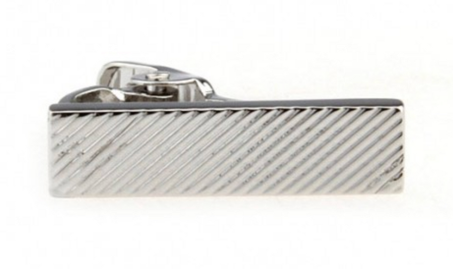 a rectangle shaped tie clip in silver with diagonal stripes on it 