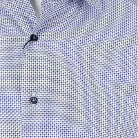 a blue weave cotton business shirt with navy buttons
