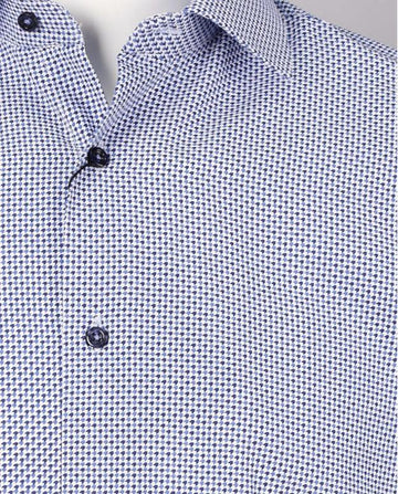 a blue weave cotton business shirt with navy buttons